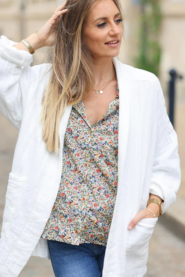 White relaxed fit crinkle cotton gauze jacket