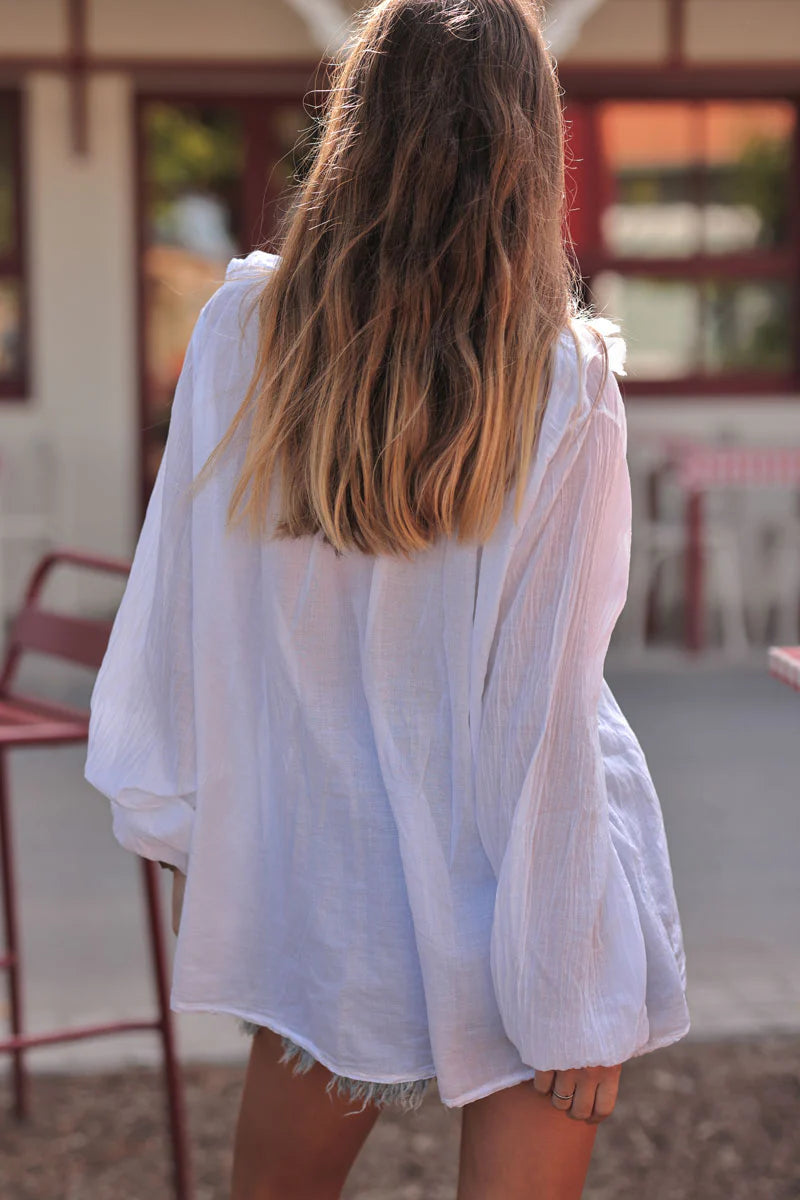 White Ruffled V-Neck Long-Sleeve Blouse