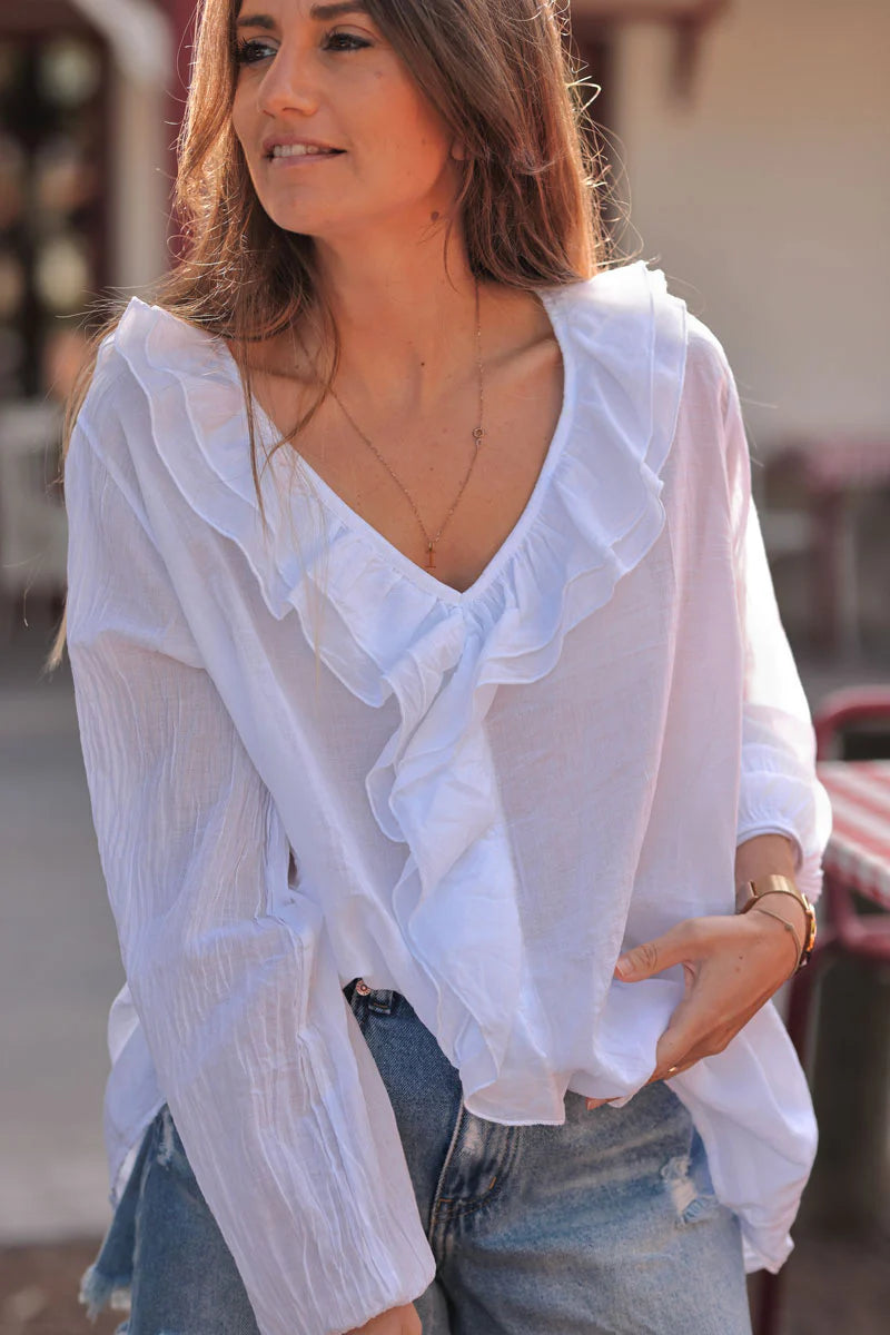 White Ruffled V-Neck Long-Sleeve Blouse