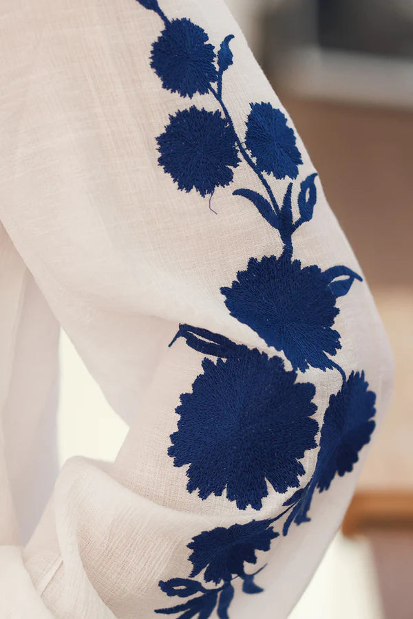 White Split-Neck Peasant Blouse with Navy Embroidery