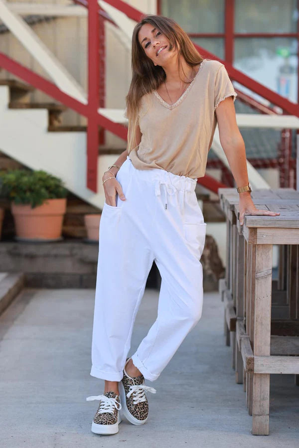 White Stretch Jersey Knit Cuffed Trousers