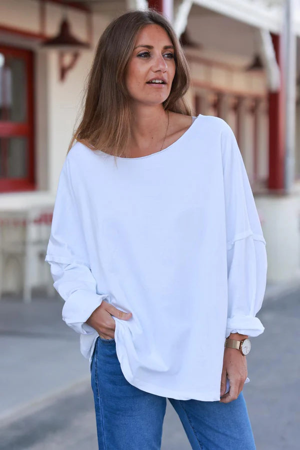 White Stretch Knit Long-Sleeve Slouchy Tee