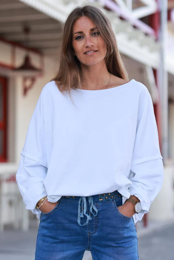 White Stretch Knit Long-Sleeve Slouchy Tee