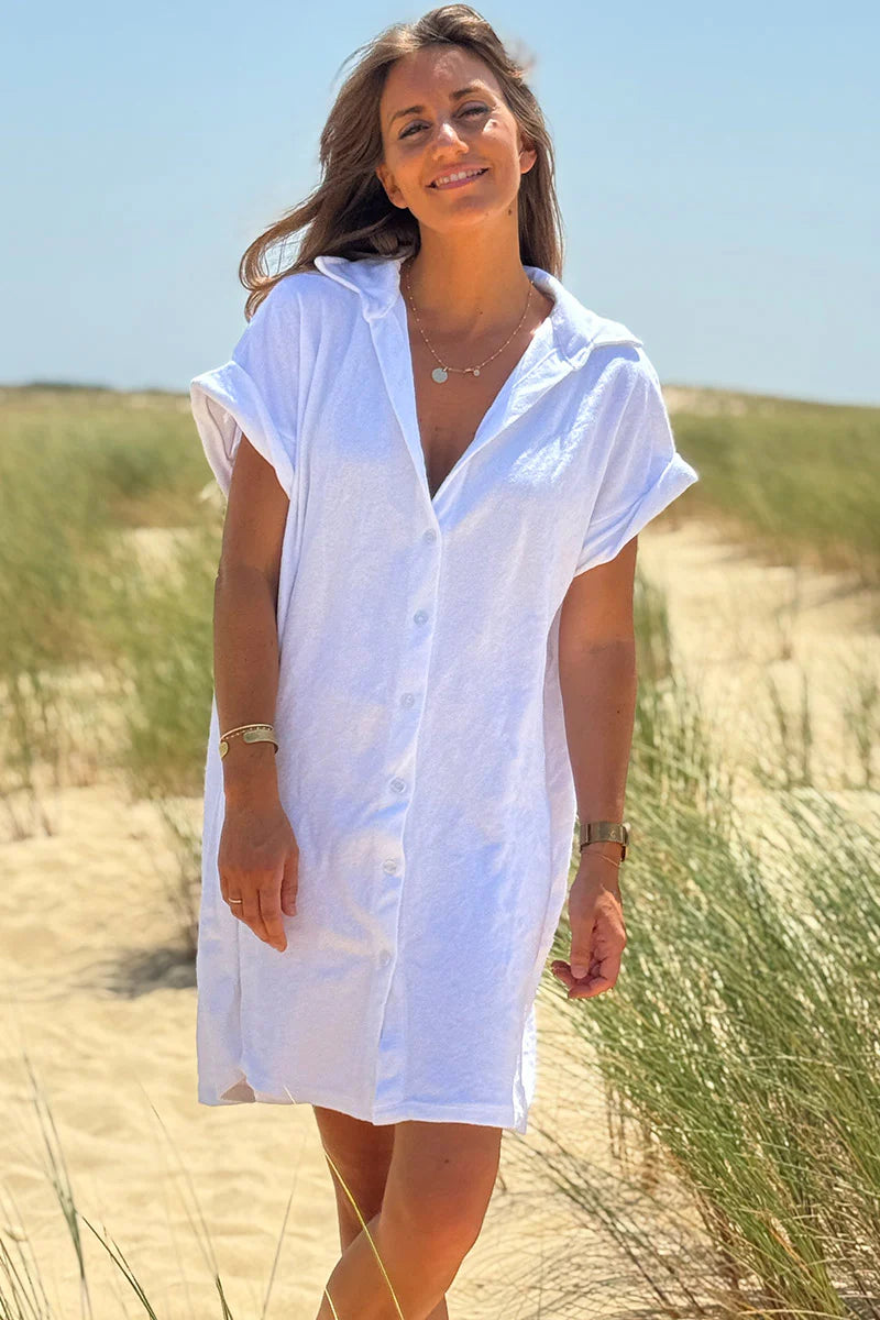White Terry Cloth Button-Down Shirt Dress