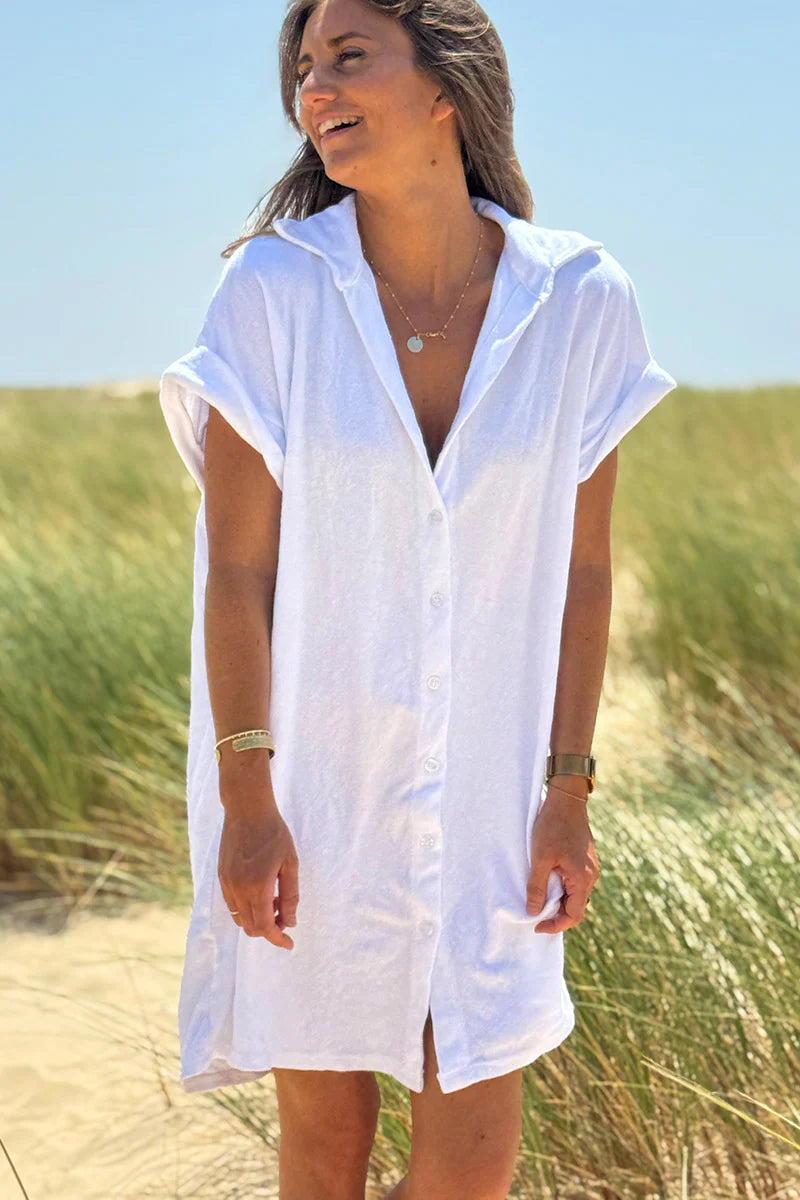 White Terry Cloth Button-Down Shirt Dress