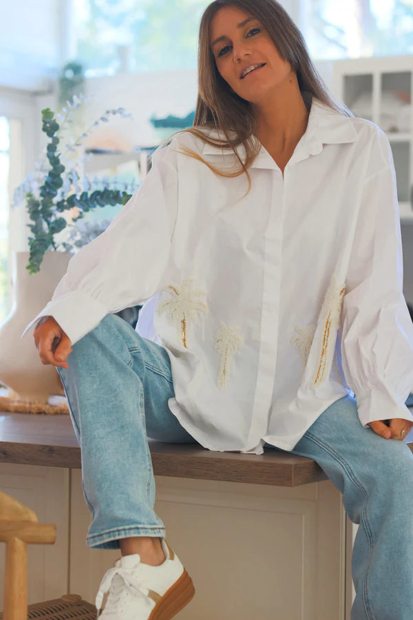 White Textured Palm Button Down Shirt