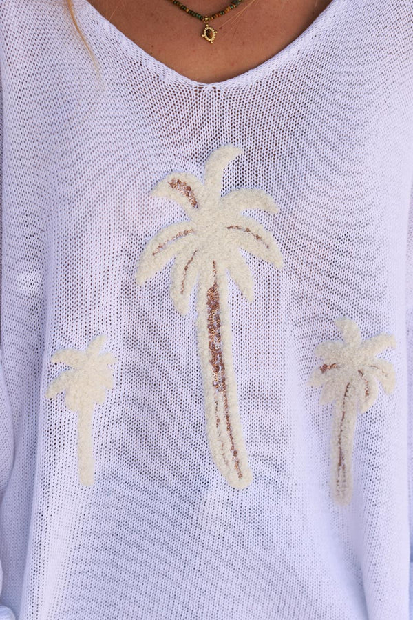 White Textured Palm Slouchy Knit Sweater