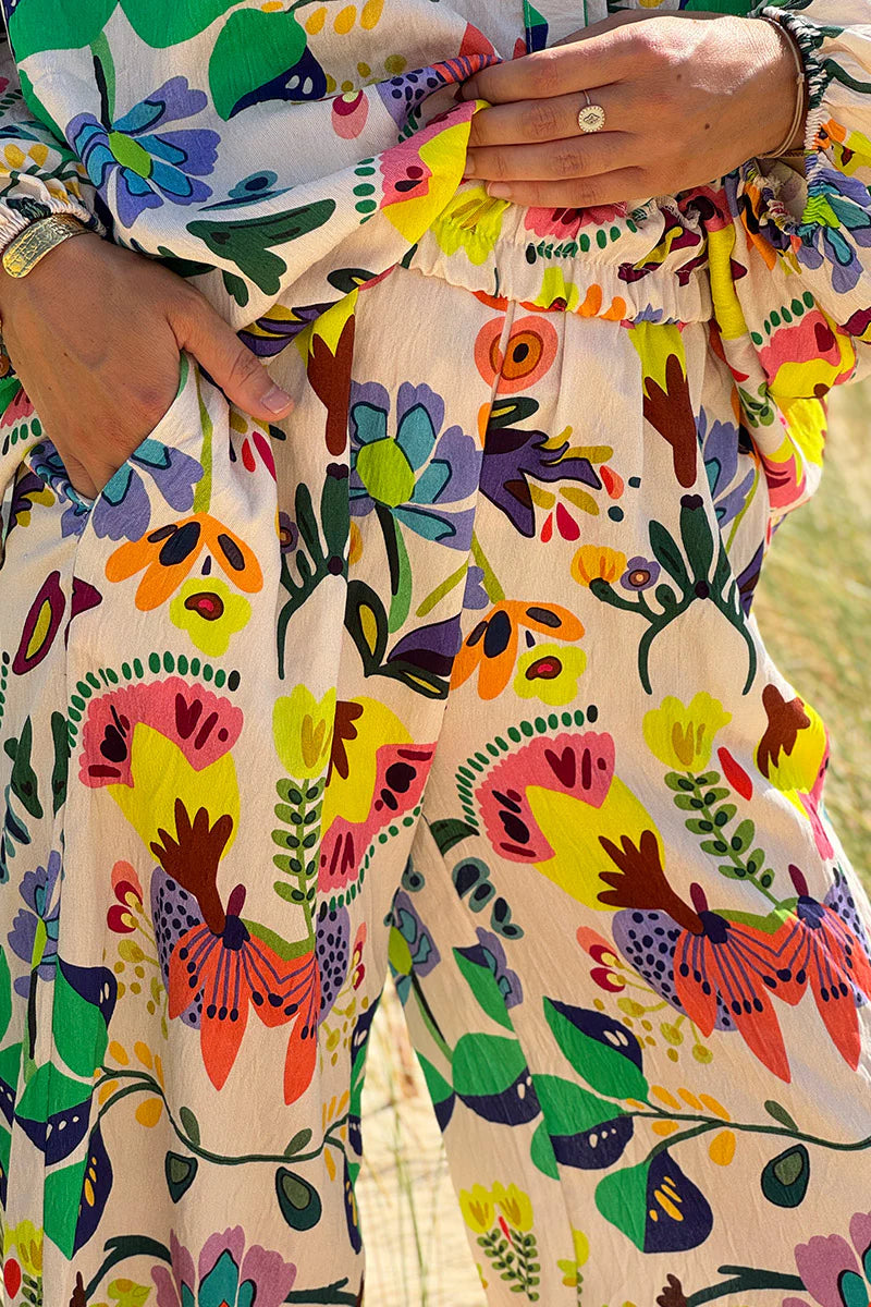 White Tropical Garden Wide-Leg Pants