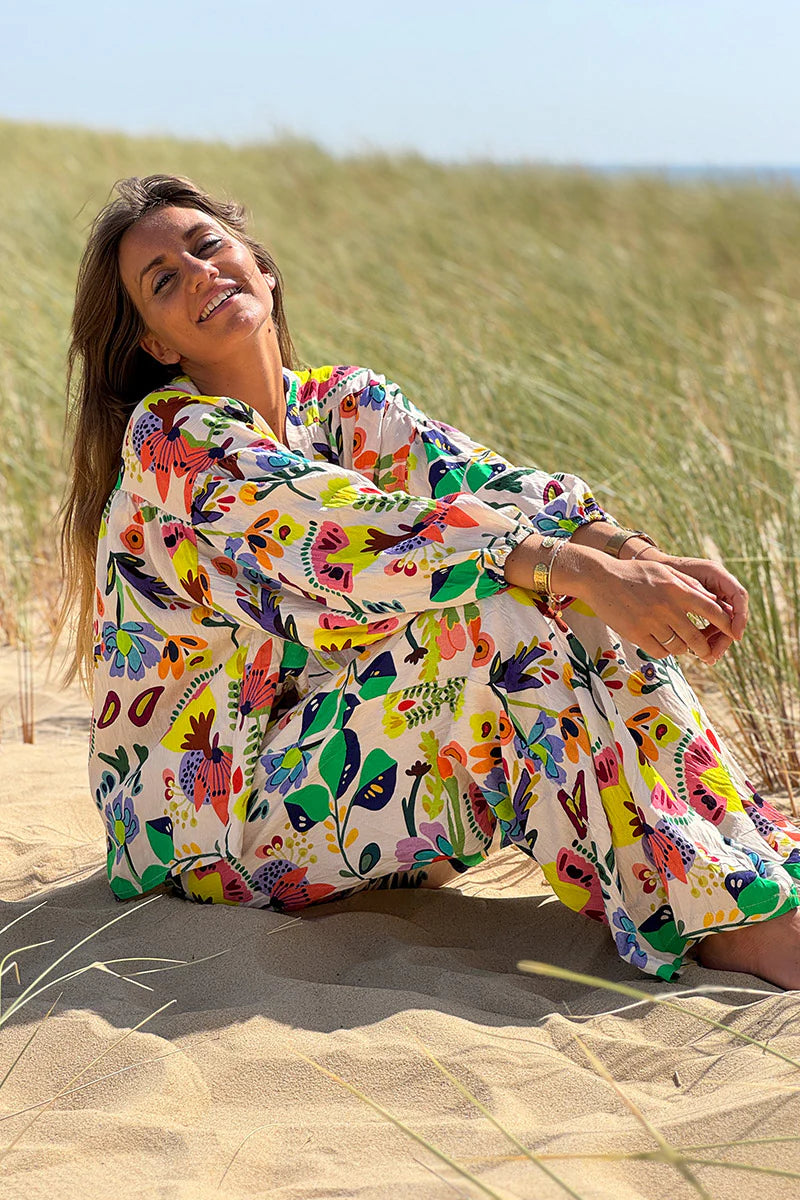 White Tropical Garden Wide-Leg Pants