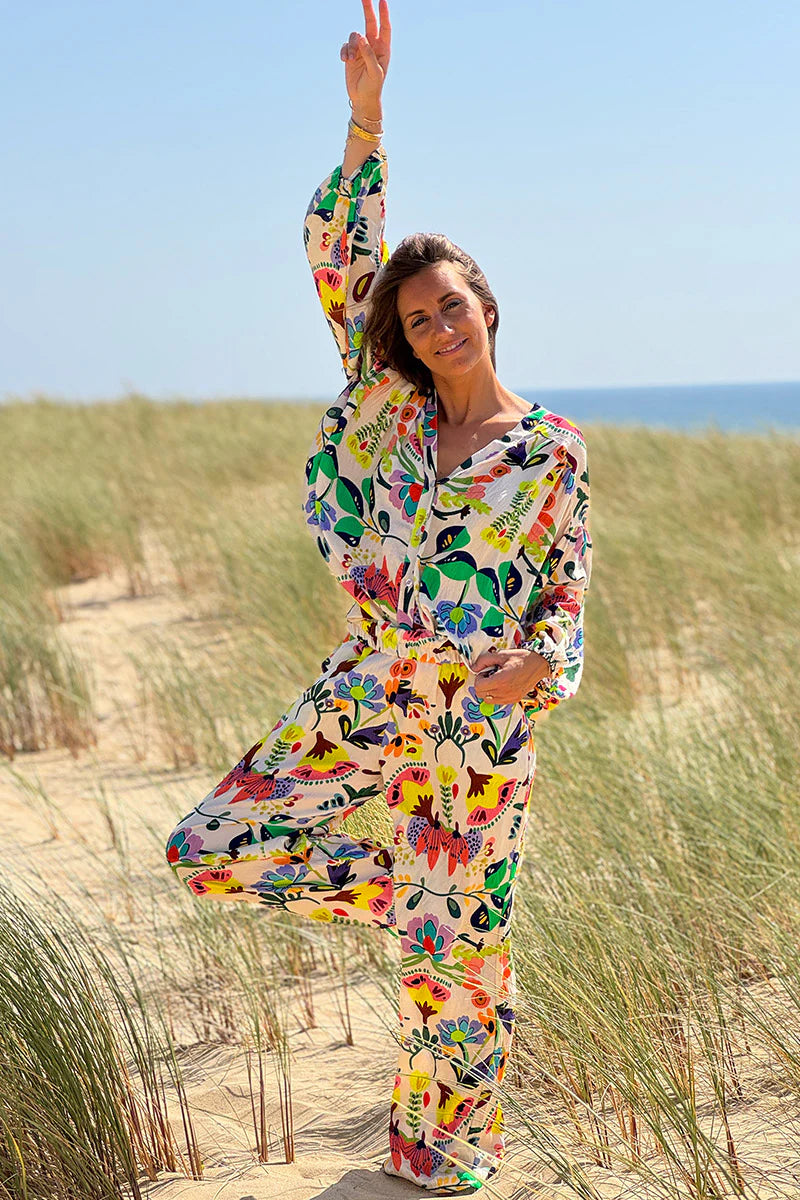White Tropical Garden Wide-Leg Pants