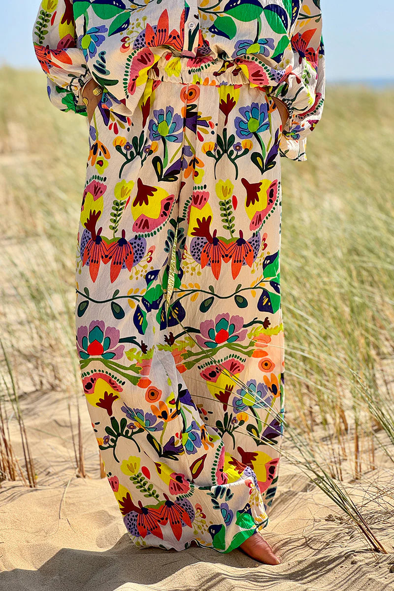 White Tropical Garden Wide-Leg Pants