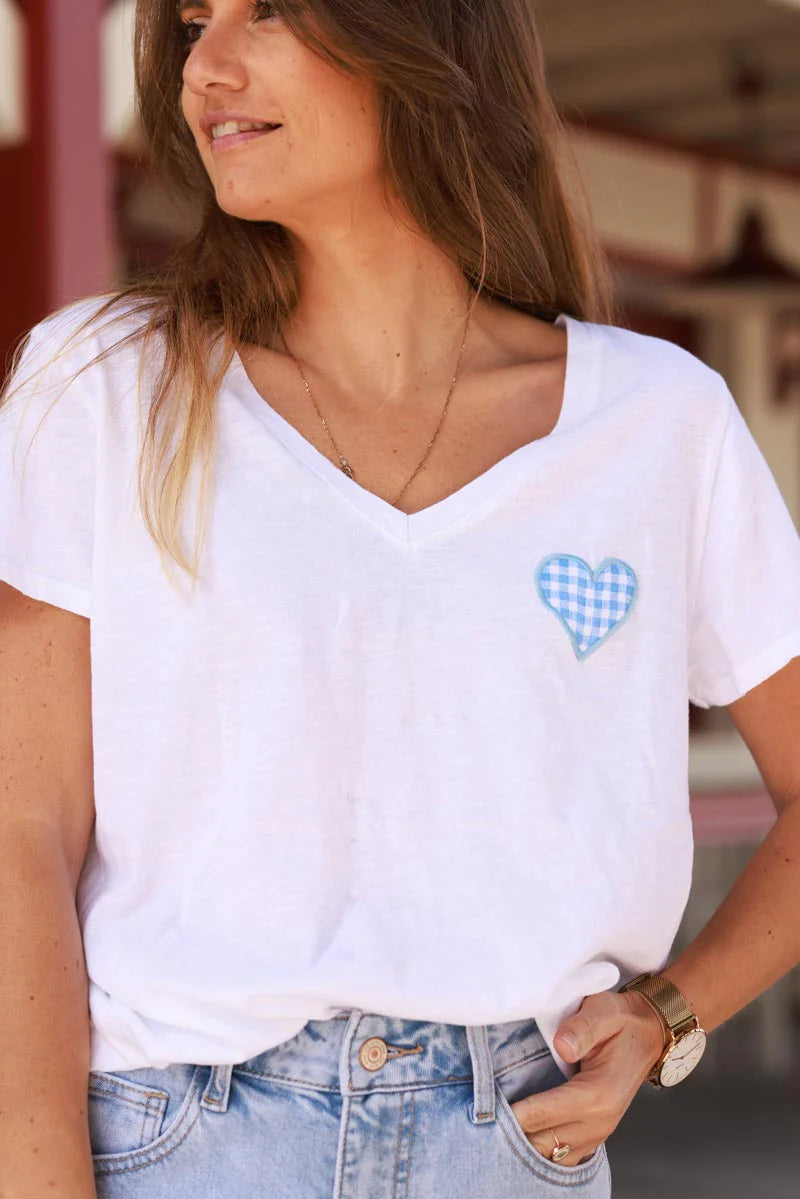 White V-Neck Tee with Blue Gingham Heart