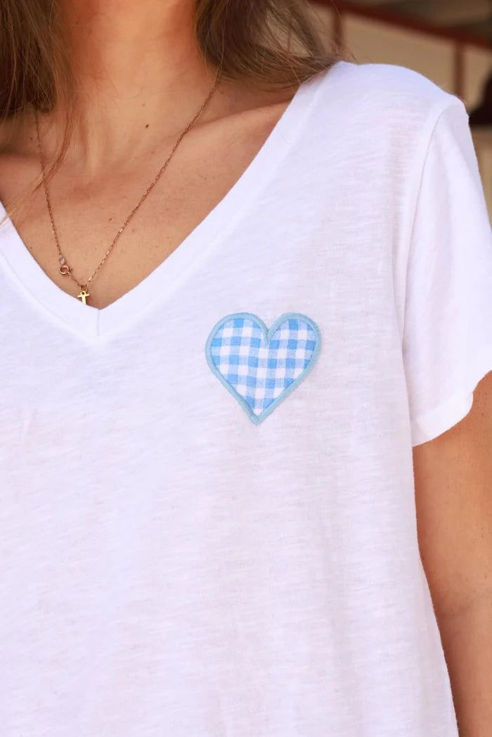 White V-Neck Tee with Blue Gingham Heart