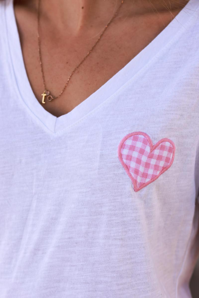 White V-Neck Tee with Pink Gingham Heart