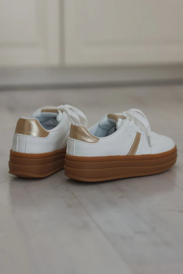 White Vegan Leather Striped Gold Heel Sneakers