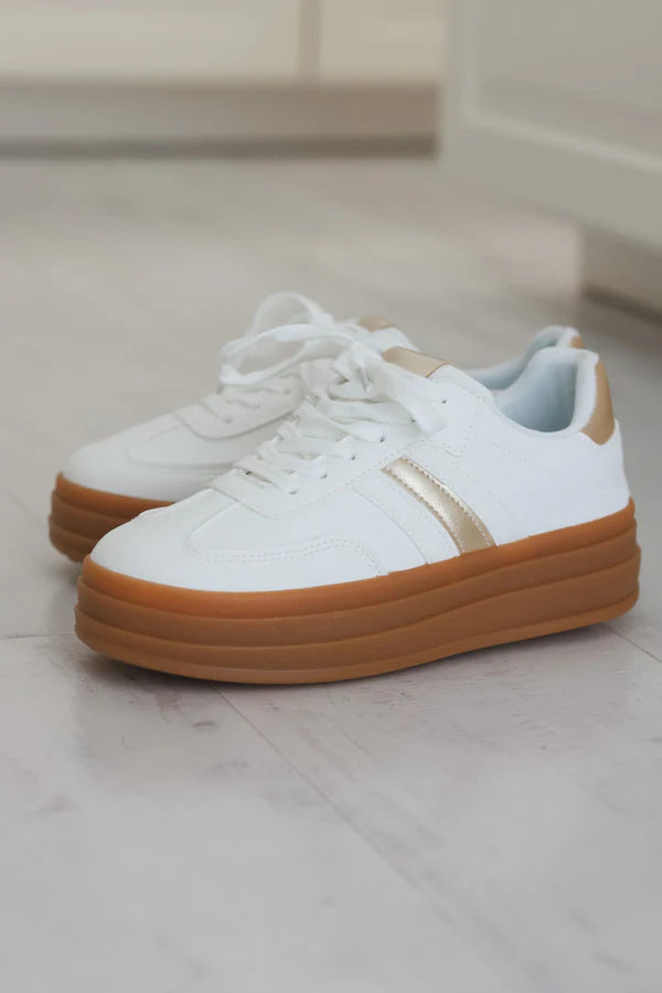 White Vegan Leather Striped Gold Heel Sneakers