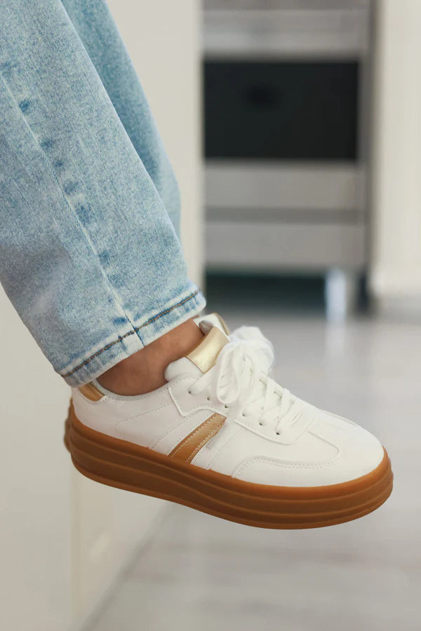 White Vegan Leather Striped Gold Heel Sneakers