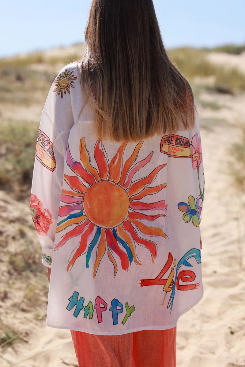 White Watercolor Summer Button-Down Blouse