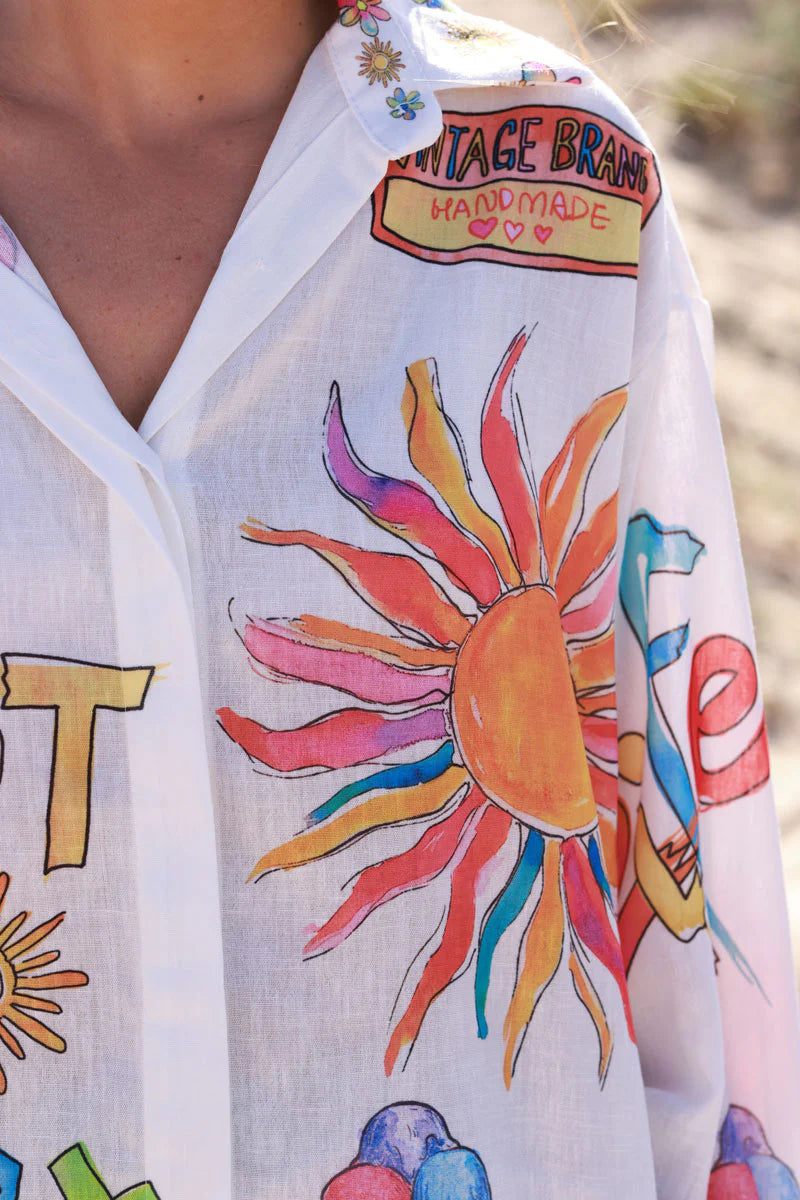 White Watercolor Summer Button-Down Blouse
