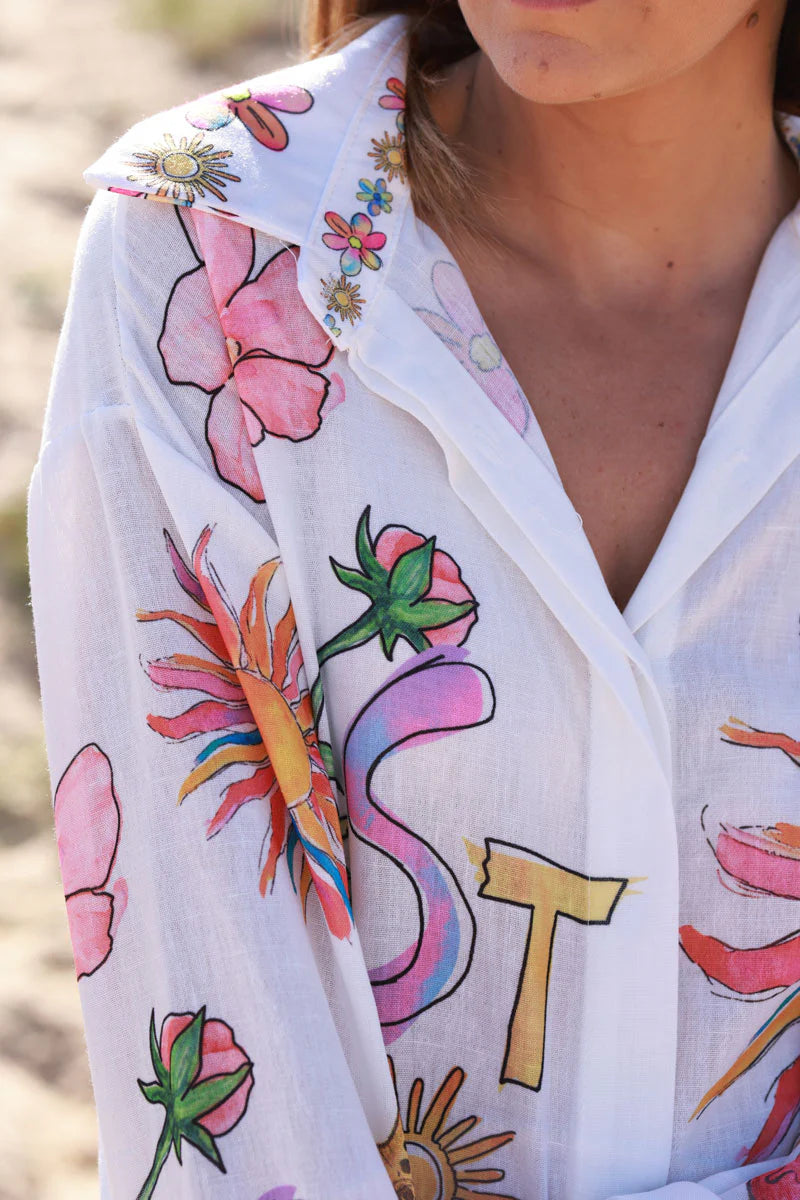 White Watercolor Summer Button-Down Blouse
