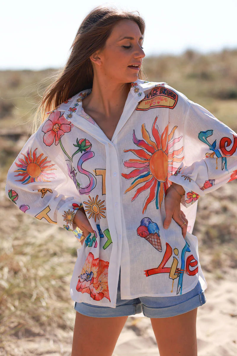 White Watercolor Summer Button-Down Blouse
