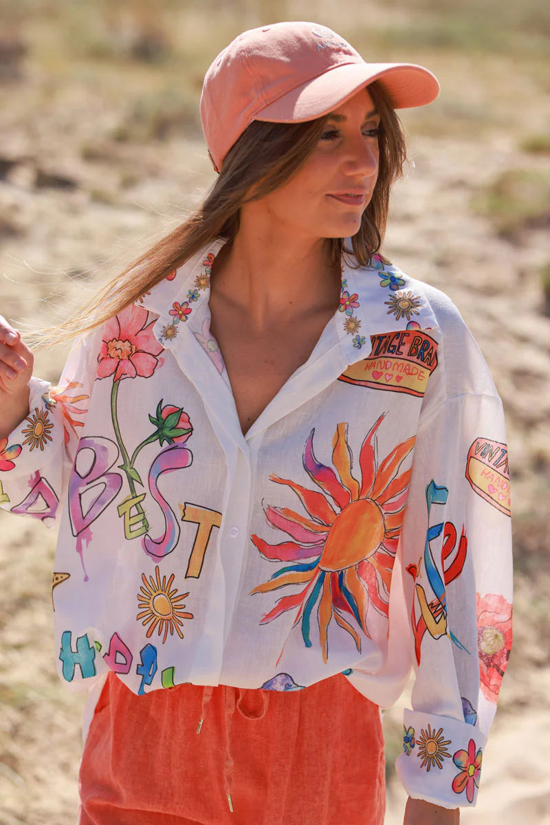 White Watercolor Summer Button-Down Blouse