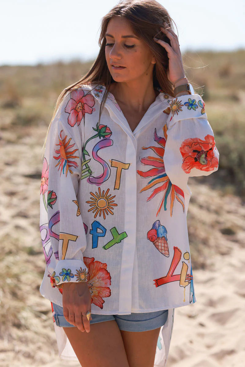 White Watercolor Summer Button-Down Blouse