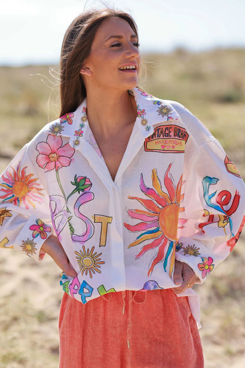 White Watercolor Summer Button-Down Blouse