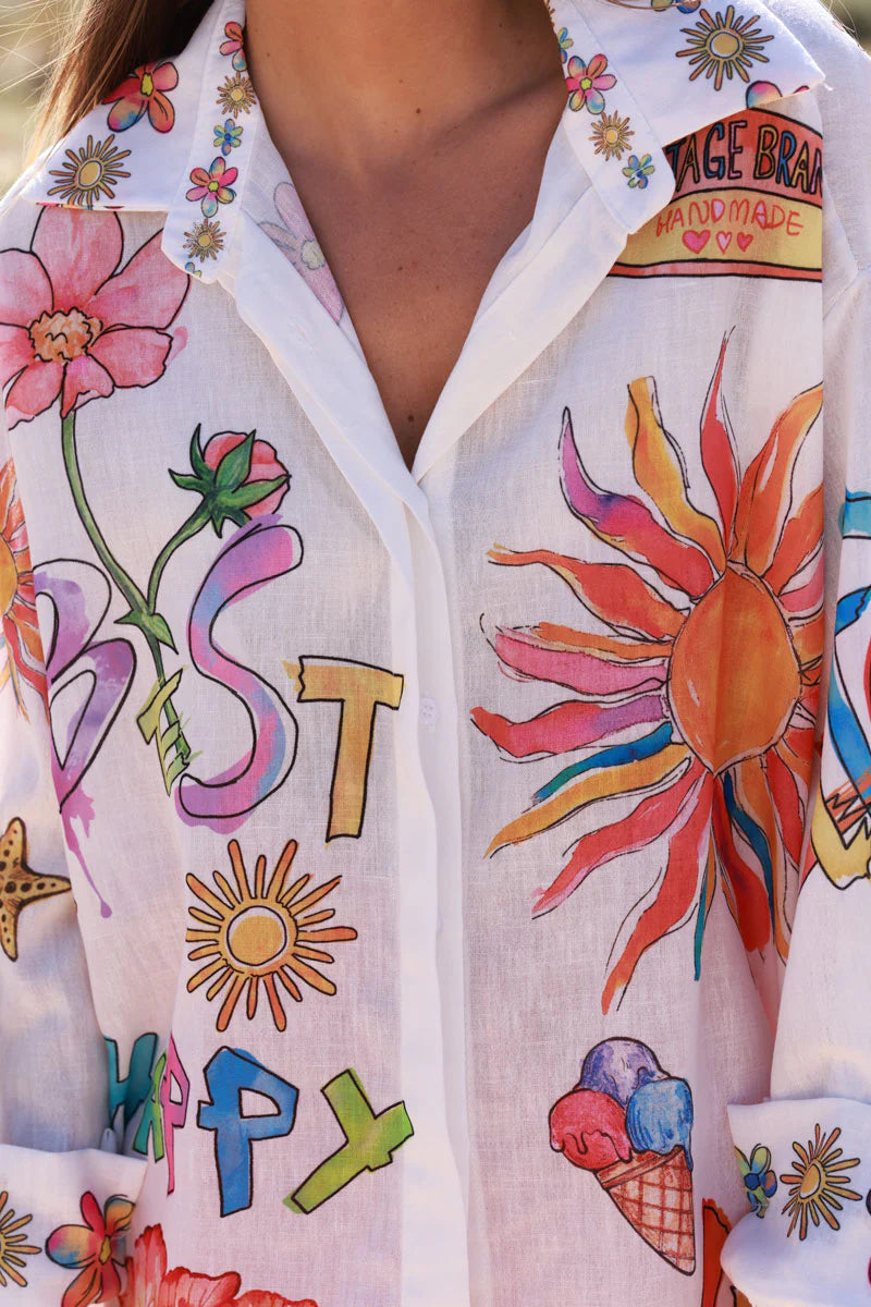 White Watercolor Summer Button-Down Blouse