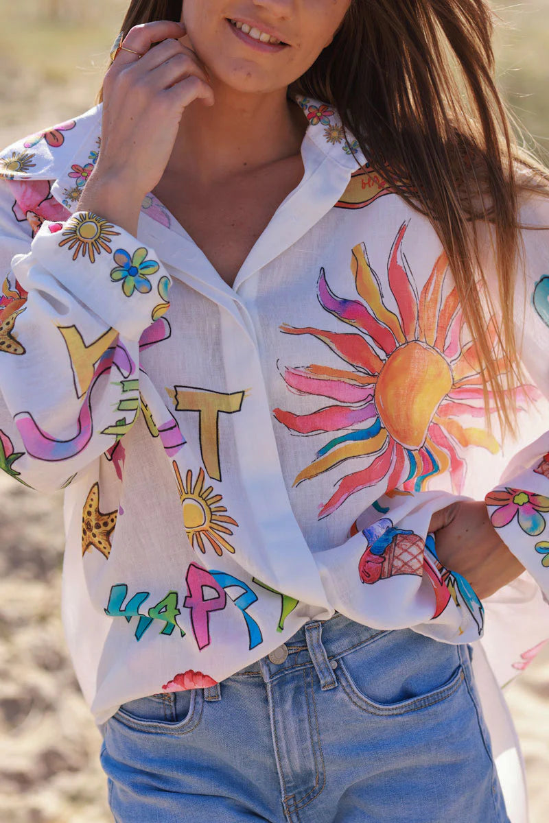 White Watercolor Summer Button-Down Blouse