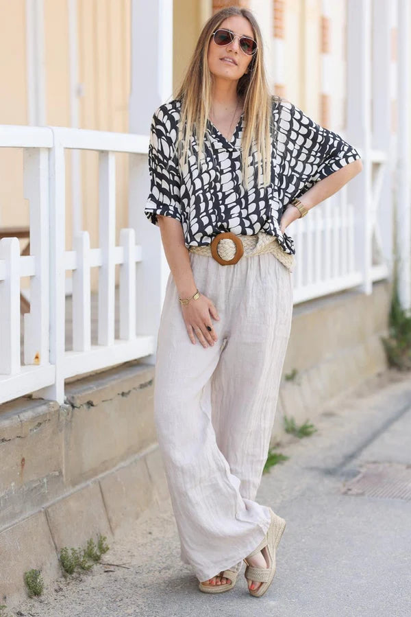 Wide Leg Beige Pants with Elastic Waistband