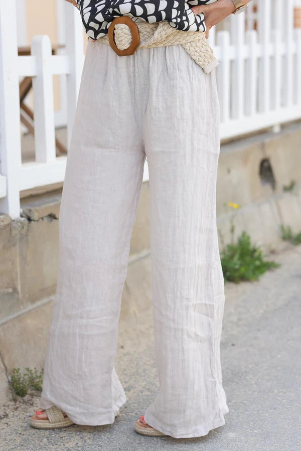 Wide Leg Beige Pants with Elastic Waistband