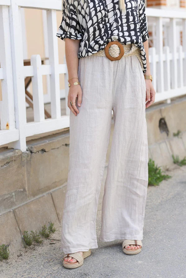 Wide Leg Beige Pants with Elastic Waistband