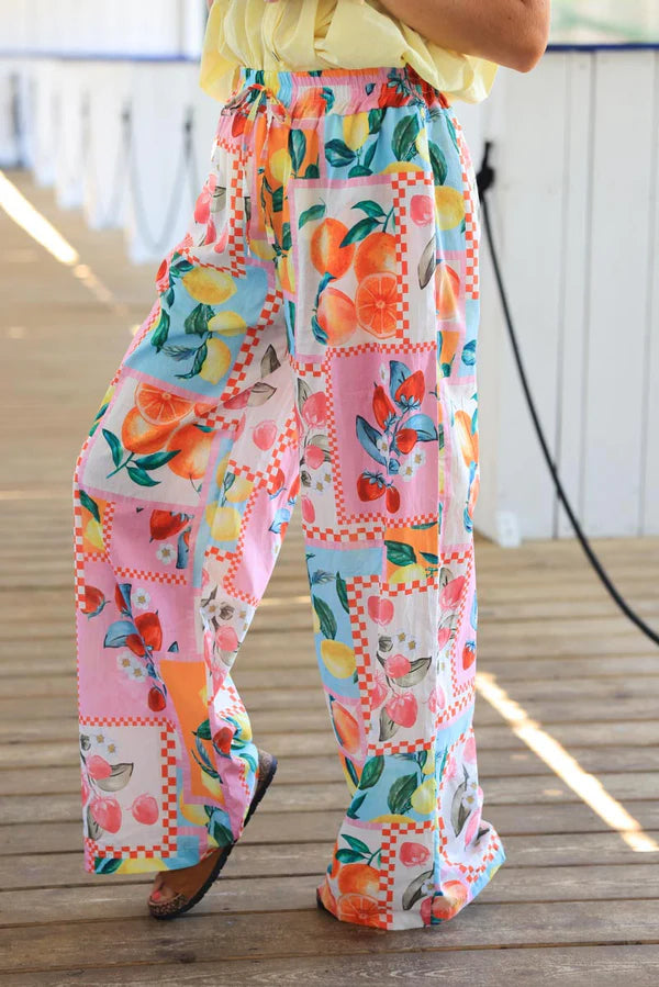 Wide leg floaty colorful pants with summer fruit print