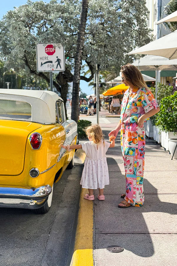 Wide leg floaty colorful pants with summer fruit print