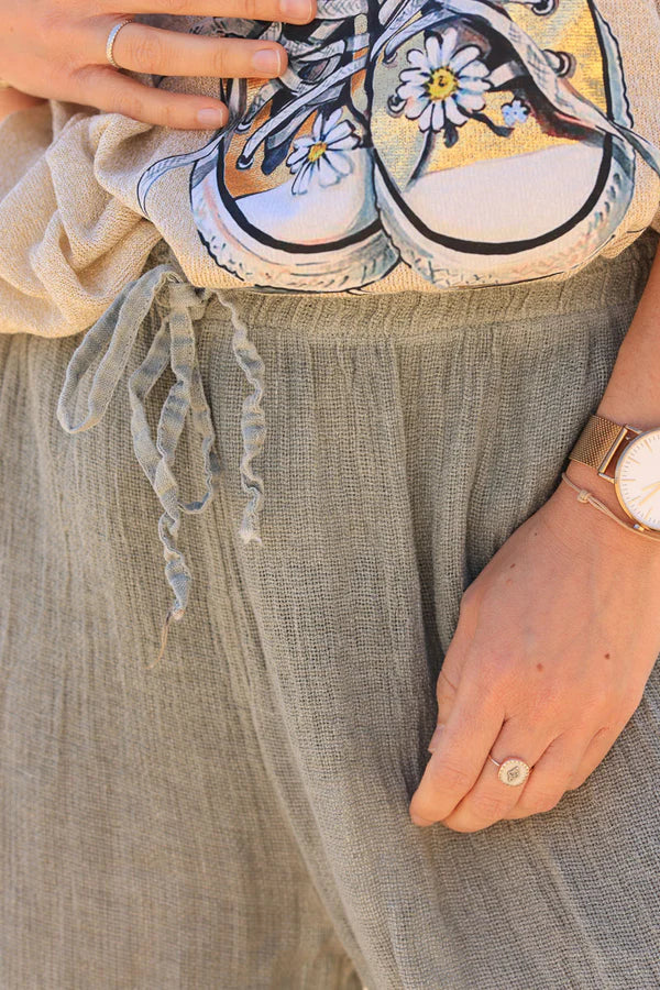 Wide Leg Olive Cotton and Linen Pants with Fringed Hems