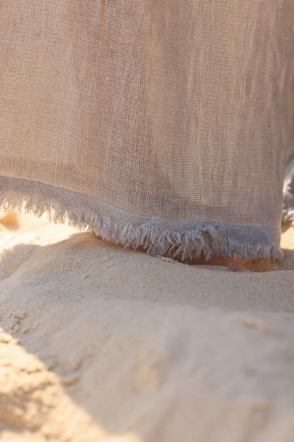 Wide Leg Taupe Cotton and Linen Pants with fringed hems