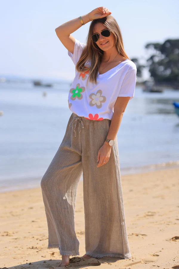 Wide Leg Taupe Cotton and Linen Pants with fringed hems