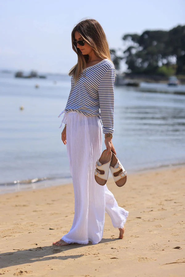 Wide Leg White Cotton and Linen Pants with fringed hems