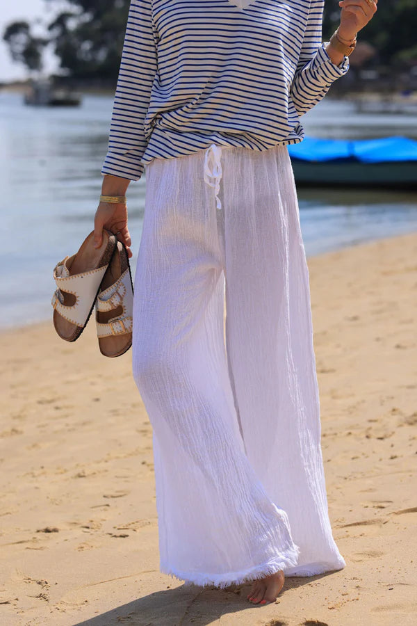 Wide Leg White Cotton and Linen Pants with fringed hems