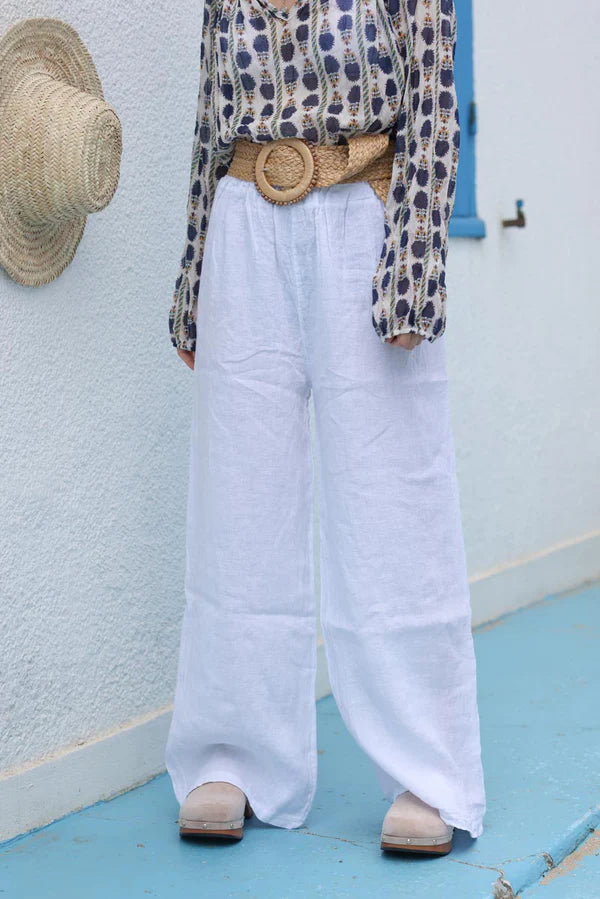 Wide Leg White Pants with Elastic Waistband