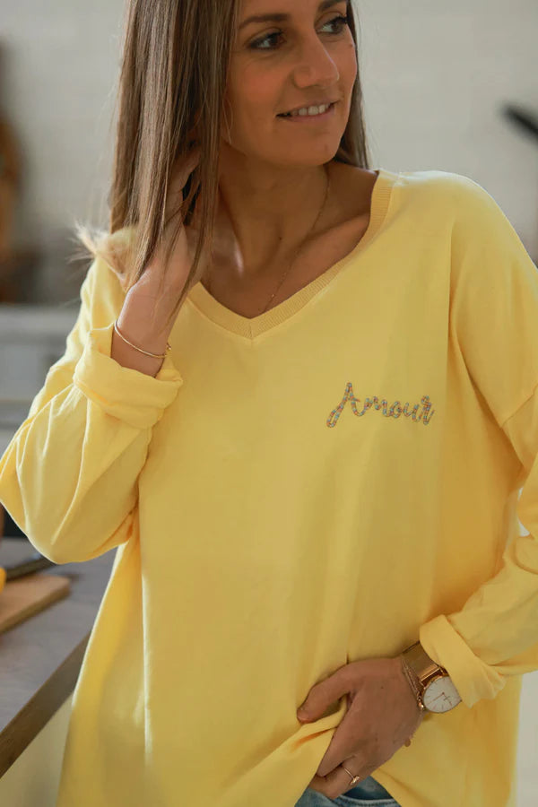 Yellow “Amour” Long-Sleeve V-Neck Tee