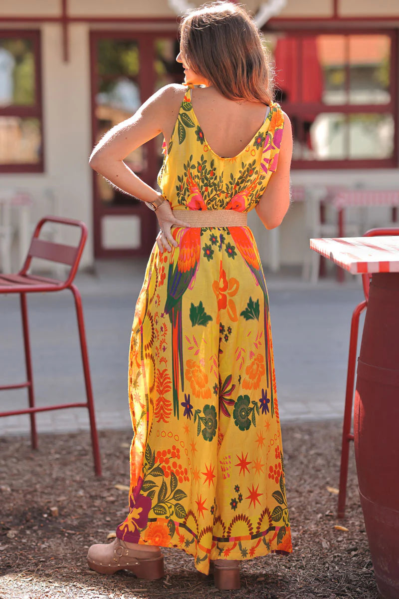 Yellow Batik Parrots Viscose Jumpsuit