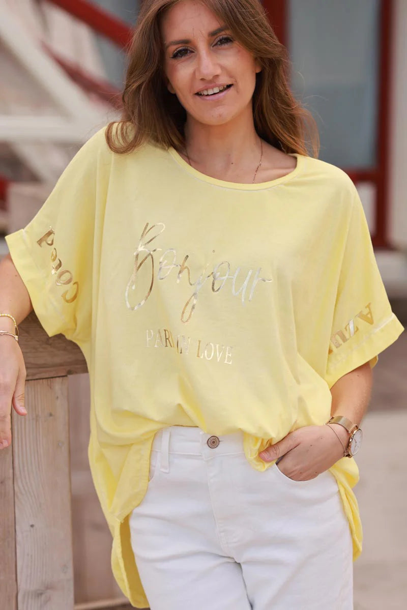 Yellow “Bonjour” French Scoop Neck Tee