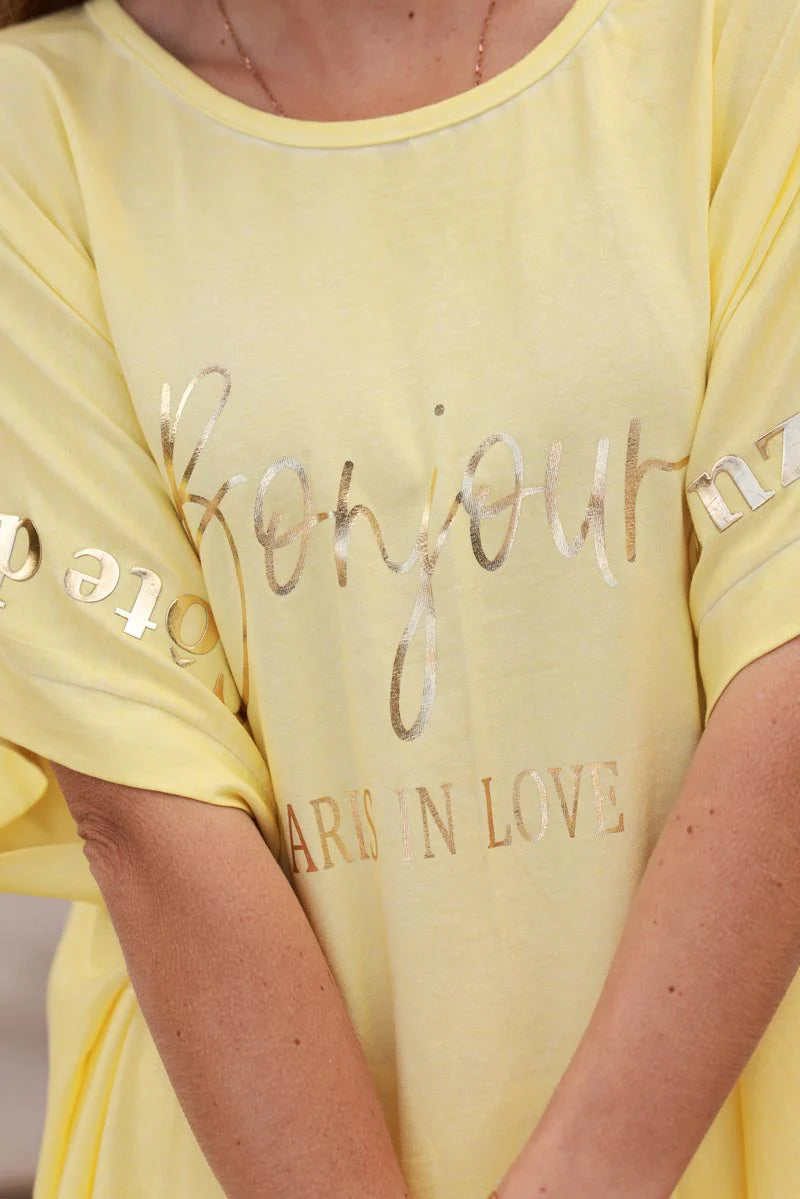 Yellow “Bonjour” French Scoop Neck Tee