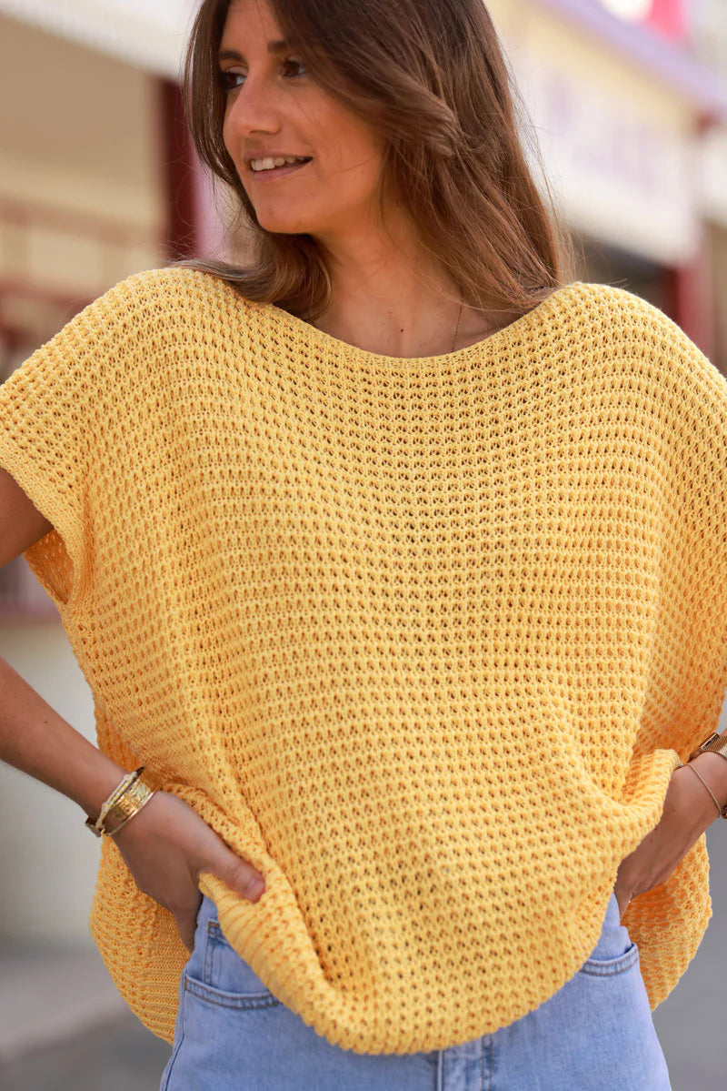 Yellow Crochet Knit Cap-Sleeve Top