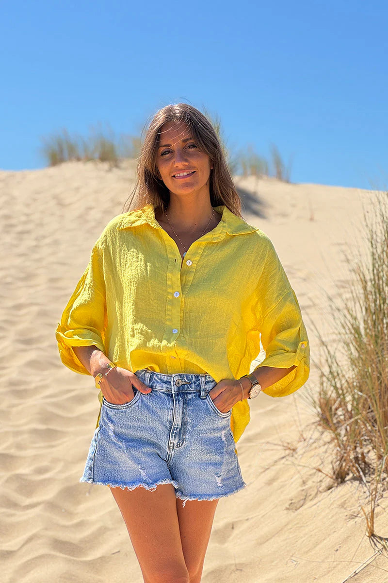 Yellow Roll-Cuff Button-Down Blouse