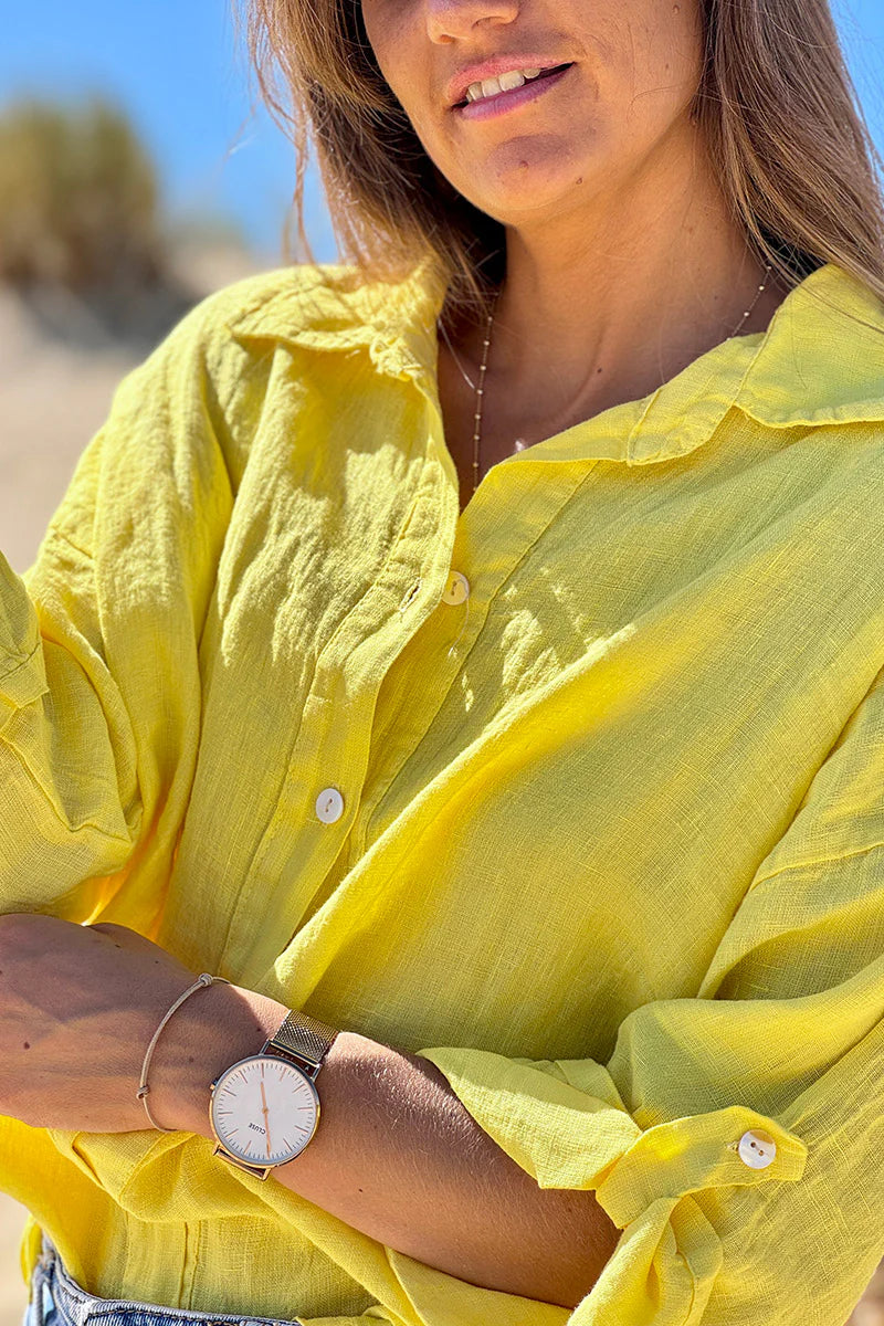 Yellow Roll-Cuff Button-Down Blouse