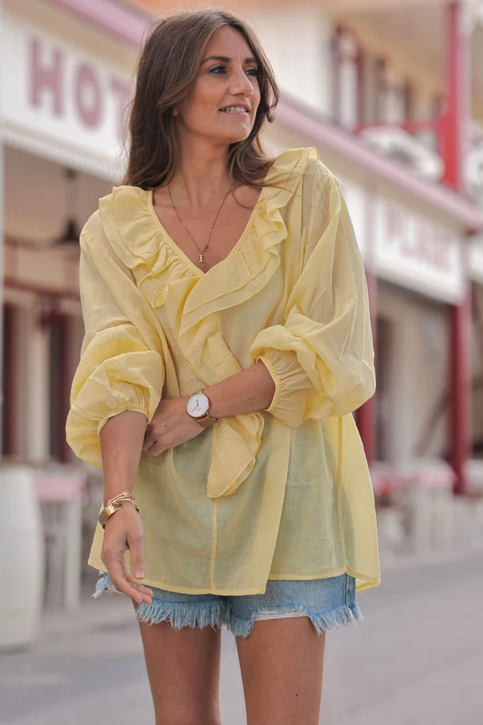 Yellow Ruffled V-Neck Long-Sleeve Blouse
