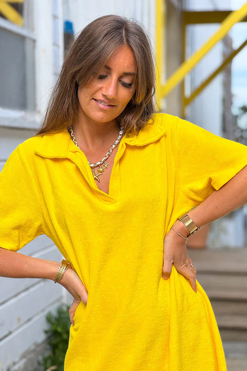 Yellow Terry Cloth Collared V-Neck Dress